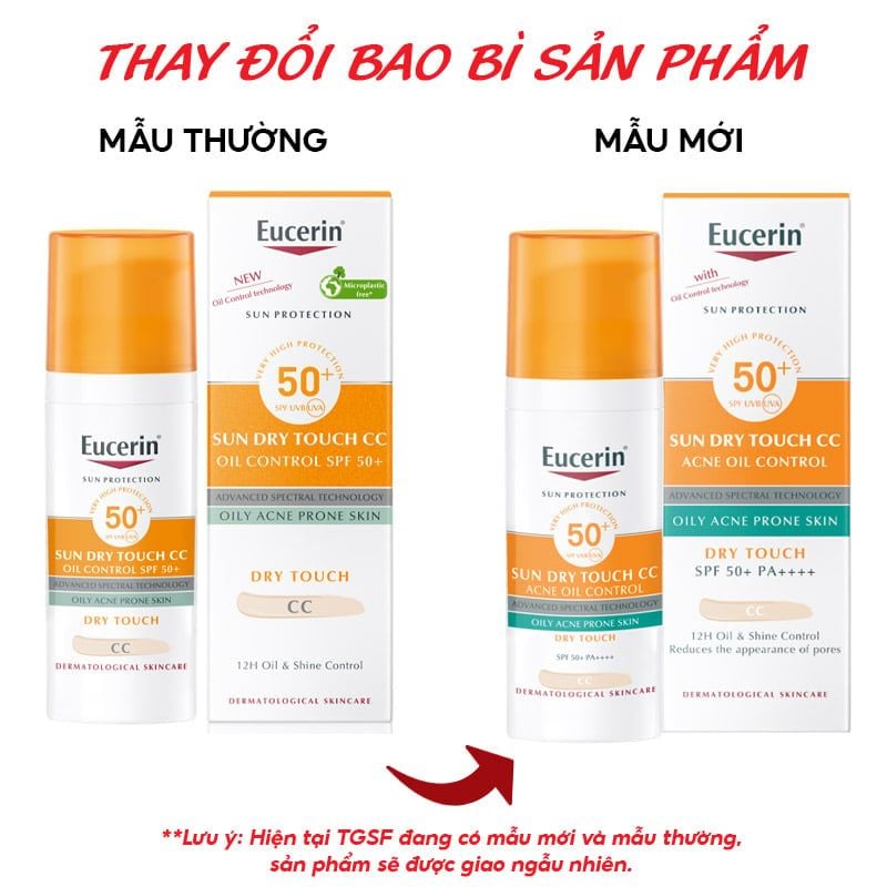 Kem Chống Nắng Eucerin Kiểm Soát Dầu, Nâng Tông Tự Nhiên Sun Dry Touch CC Oil Control SPF50+ 50ml