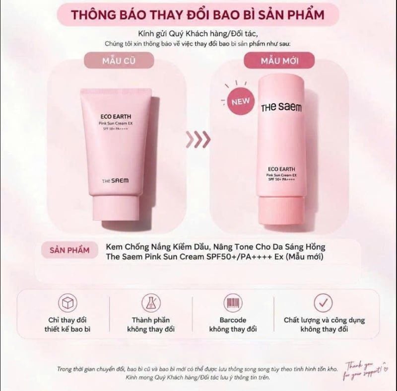 [50g] Kem Chống Nắng The Saem Kiềm Dầu, Nâng Tone Cho Da Sáng Hồng Pink Sun Cream EX SPF50+/PA++++