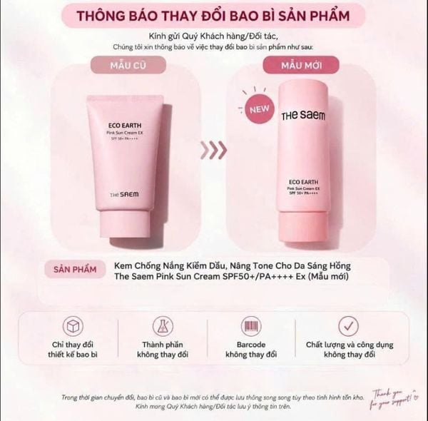  [50g] Kem Chống Nắng The Saem Kiềm Dầu, Nâng Tone Cho Da Sáng Hồng Pink Sun Cream EX SPF50+/PA++++ 