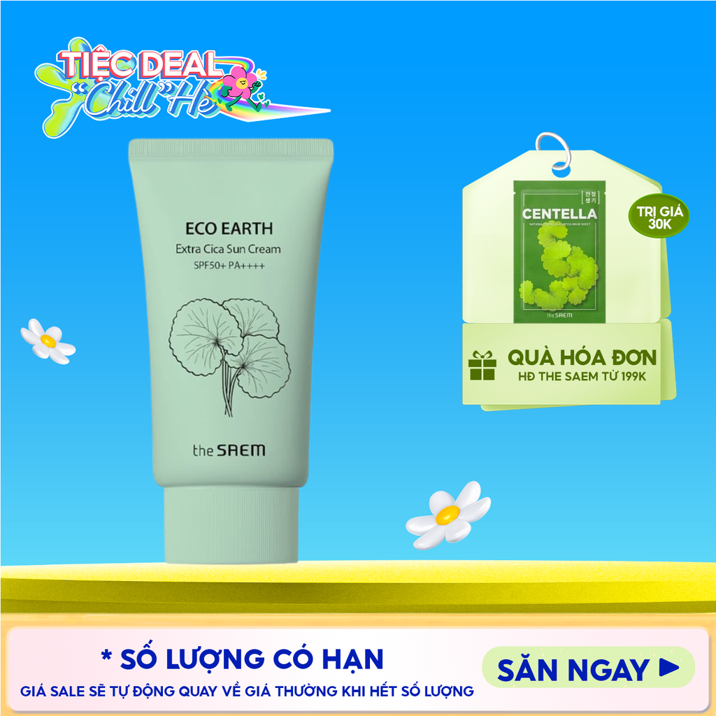Kem Chống Nắng The Saem Nâng Tông, Cân Bằng Ẩm, Chiết Xuất Rau Má Eco Earth Extra Cica Sun Cream SPF50+/PA++++ 50g