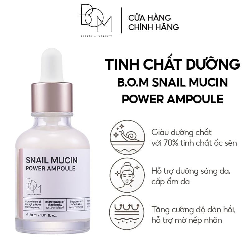 Serum B.O.M Hỗ Trợ Dưỡng Sáng, Mờ Nếp Nhăn Snail Mucin Power Ampoule 30ml