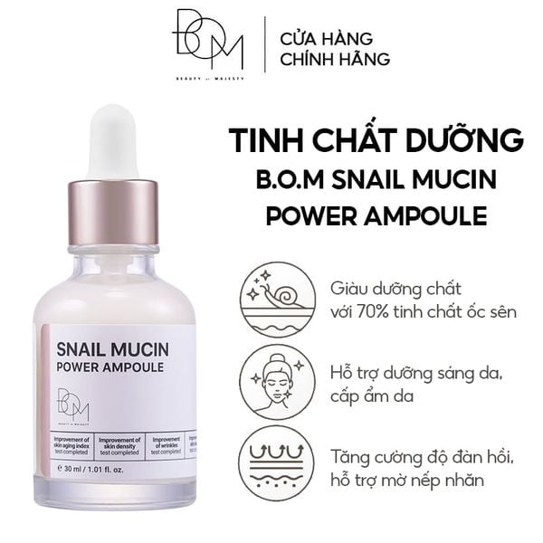  Serum B.O.M Hỗ Trợ Dưỡng Sáng, Mờ Nếp Nhăn Snail Mucin Power Ampoule 30ml 