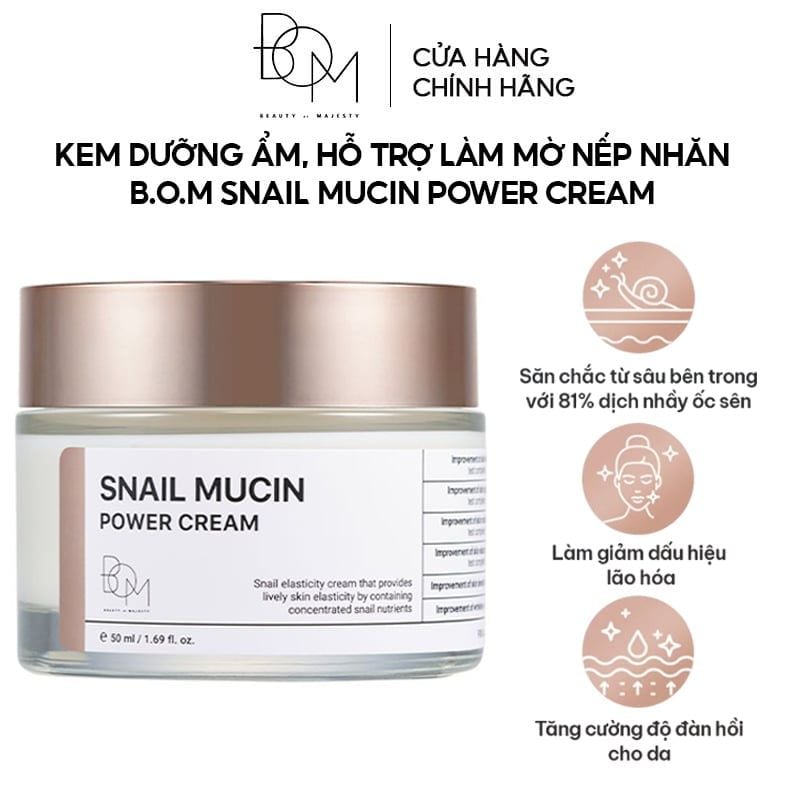 Kem Dưỡng Ẩm B.O.M Hỗ Trợ Làm Mờ Nếp Nhăn Snail Mucin Power Cream 50ml
