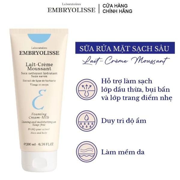  Sữa Rửa Mặt Sạch Sâu, Cấp Ẩm Embryolisse Lait-Crème Moussant 200ml 