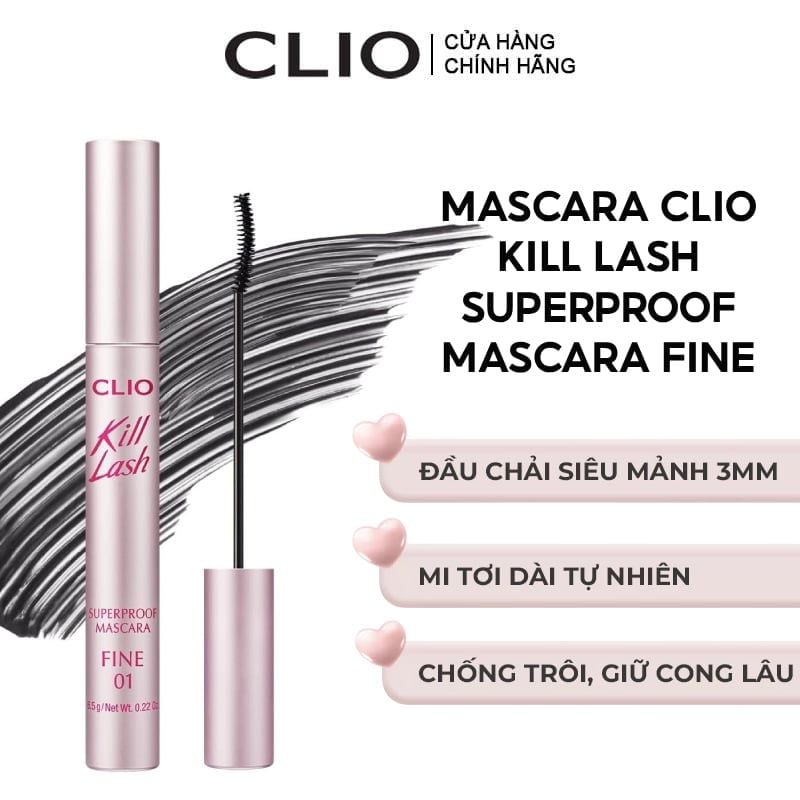 Mascara Clio Đầu Chải Siêu Mảnh Giúp Mi Cong Tự Nhiên Kill Lash Superproof Mascara Fine 01 Vanilla Black 6.5g