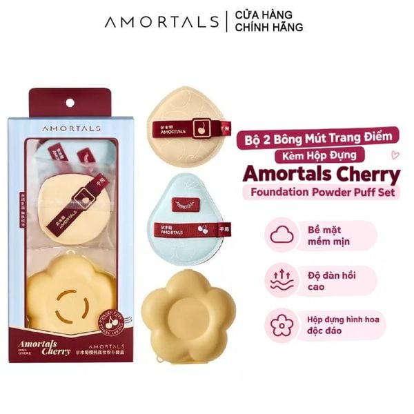  Bộ 2 Bông Mút Trang Điểm Kèm Hộp Đựng Amortals Cherry Foundation Powder Puff Set 3 pcs 