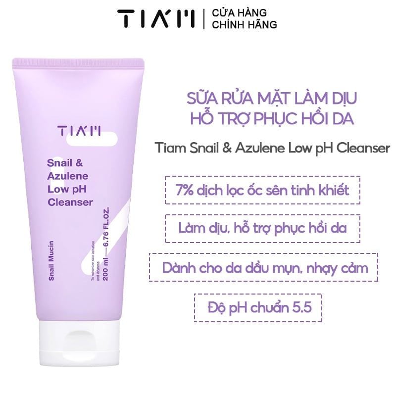 Sữa Rửa Mặt Tiam Ốc Sên Làm Dịu, Hỗ Trợ Phục Hồi Da Snail & Azulene Low pH Cleanser 200ml