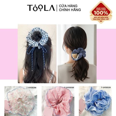  [NHẬP KHẨU] Dây Cột Tóc Scrunchies Sọc Caro, Đính Gấu Cao Cấp TOOLA 