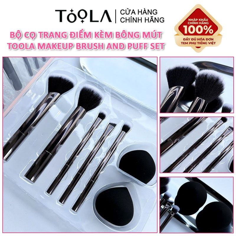 Bộ Cọ Trang Điểm Cơ Bản Kèm Bông Mút TOOLA Makeup Brush and Puff Set - BT-TLA088