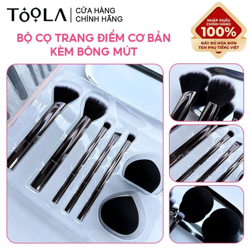 Bộ Cọ Trang Điểm Cơ Bản Kèm Bông Mút TOOLA Makeup Brush and Puff Set - BT-TLA088