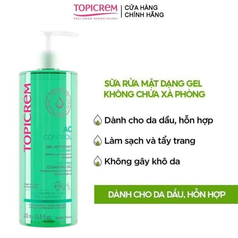Sữa Rửa Mặt Dạng Gel Topicrem Dành Cho Da Dầu, Hỗn Hợp AC Control Purifying Cleansing Gel