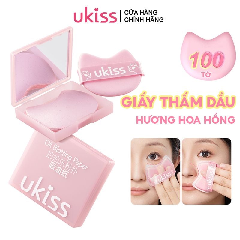[100 Tờ] Giấy Thấm Dầu UKISS Hương Hoa Hồng Kèm Gương Và Bông Phấn