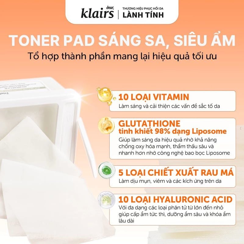 Mặt Nạ Giấy Klairs Cấp Ẩm, Hỗ Trợ Sáng Da, Mờ Thâm Freshly Vitamin Skin Prep Pads 290ml