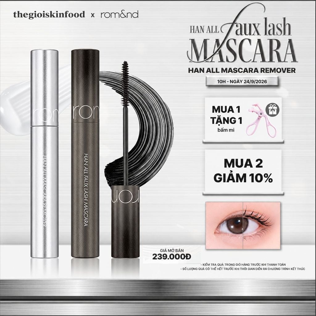Mascara Chuốt Mi Romand Làm Cong, Dài, Tơi Mi Faux Lash Mascara 7g & Tẩy Trang Mascara Romand Han All Mascara Remover 7g