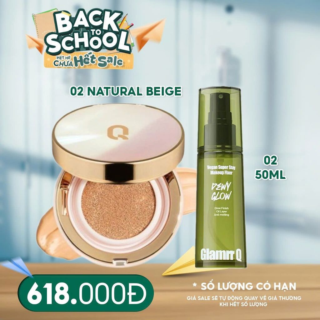 Combo 2 Sản Phẩm Glamrr Q: Phấn Nước Kiềm Dầu Long Wear DD Cushion SPF50/PA+++ 13g + Xịt Khóa Nền Thuần Chay Vegan Super Makeup Fixer 50g