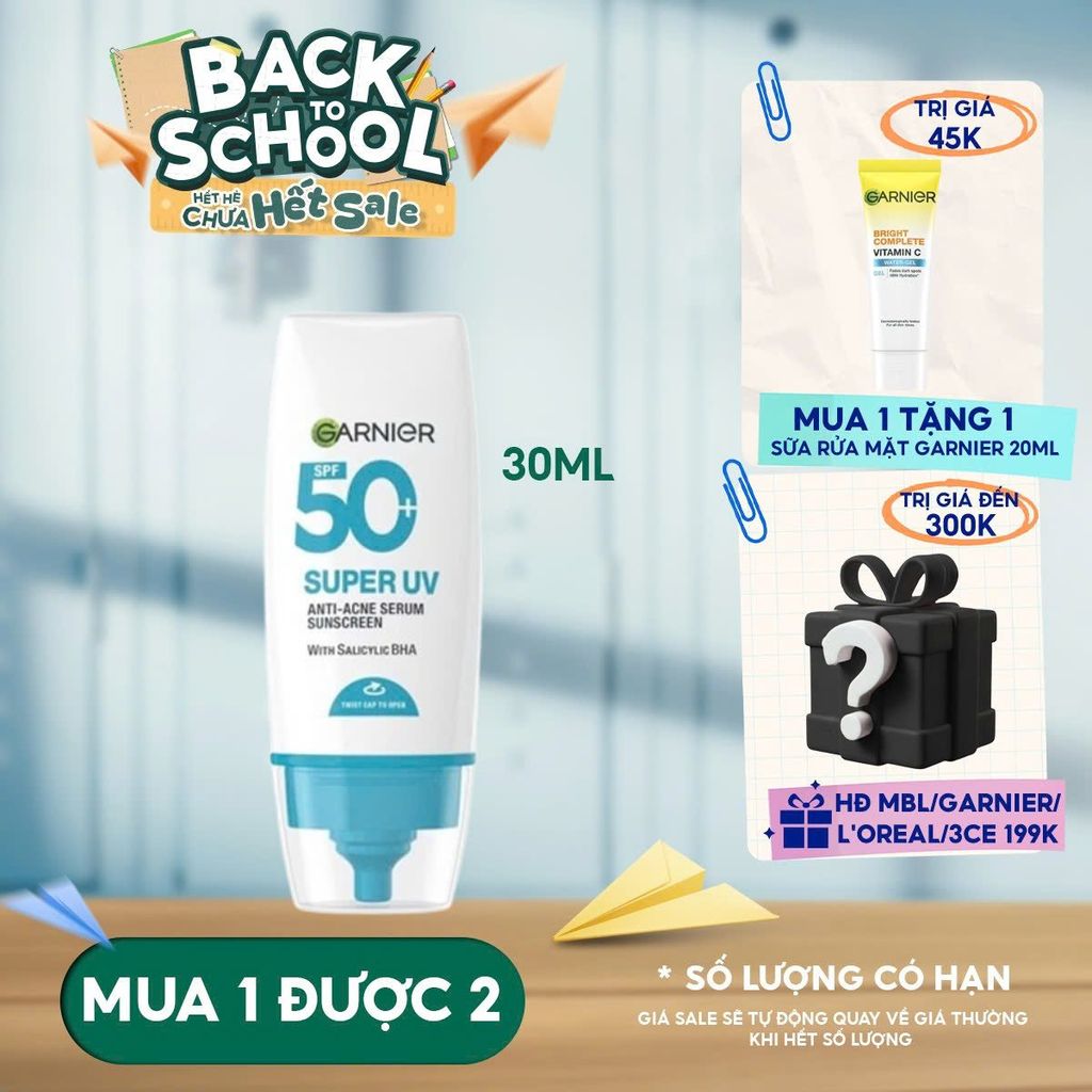 Kem Chống Nắng Phổ Rộng Garnier Kiềm Dầu, Hỗ Trợ Giảm Mụn Super Uv Anti-Acne Serum Sunscreen SPF50+ PA++++ 30ml
