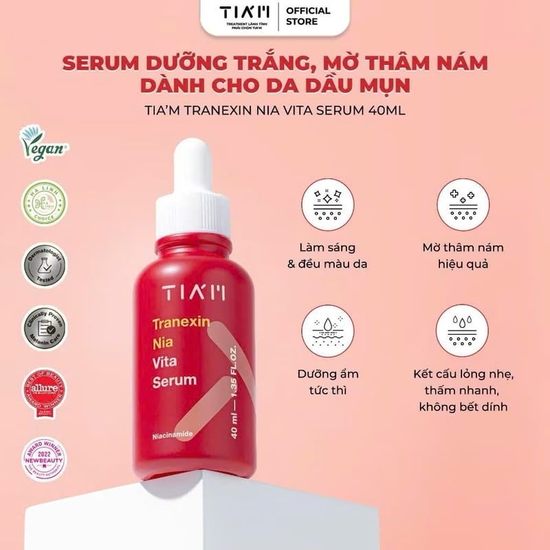 Serum Tiam Dưỡng Trắng Da, Giảm Thâm Nám, Hỗ Trợ Phục Hồi Da Sau Mụn Tranexin Nia Vita Serum 40ml