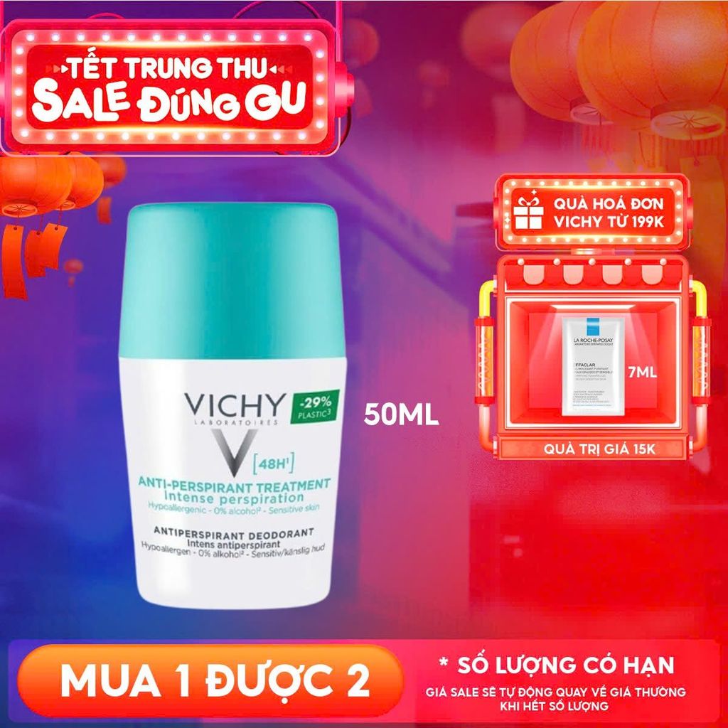 Lăn Khử Mùi Vichy Hỗ Trợ Giảm Mồ Hôi Dưới Cánh Tay, Giữ Khô Thoáng Suốt 48h Cho Da Nhạy Cảm Traitement Anti – Transpirant 48h 50ml (Che tên sản phẩm khi giao hàng)