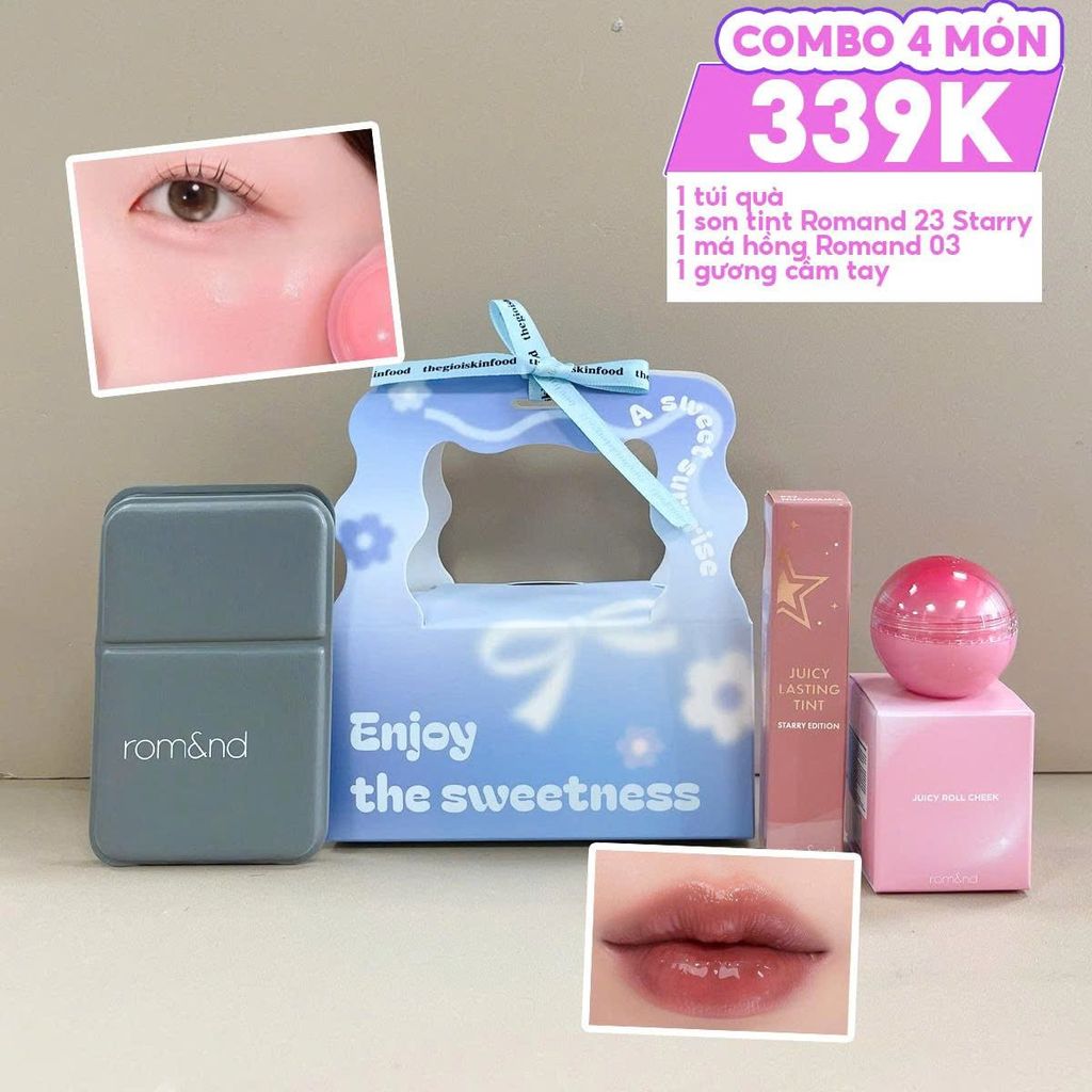 Combo Quà Tặng 20/10: Túi Quà + Son Tint Lì Romand Starry Edition 23 + Má Hồng Kem Romand 03 White Peach + Gương Make Up