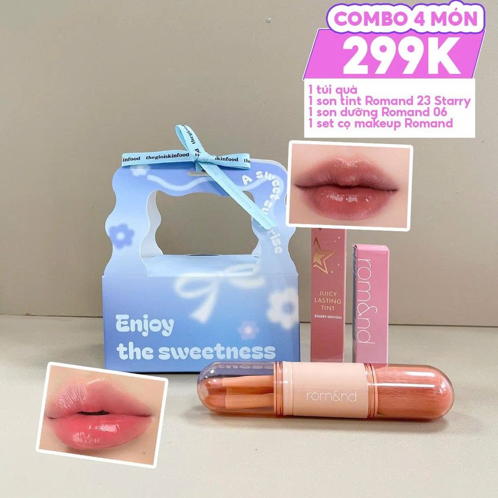 Combo Quà Tặng 20/10: Túi Quà + Son Tint Lì Romand Starry Edition 23 + Son Dưỡng Có Màu Romand #06 Kaya Fig + Bộ Cọ Make Up