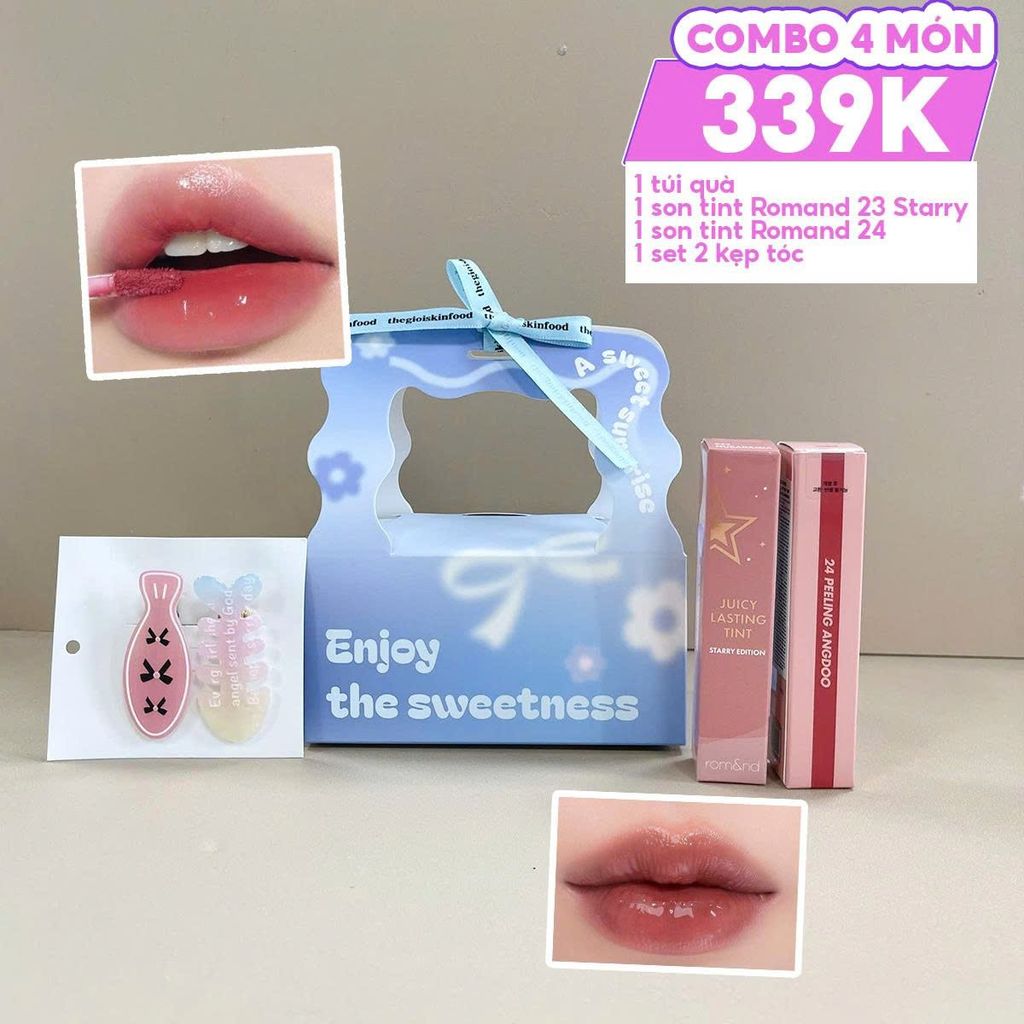 Combo Quà Tặng 20/10: Túi Quà + Son Tint Lì Romand Starry Edition 23 + Son Tint Lì Romand 24 Peeling Angdoo + Kẹp Tóc Ngẫu Nhiên