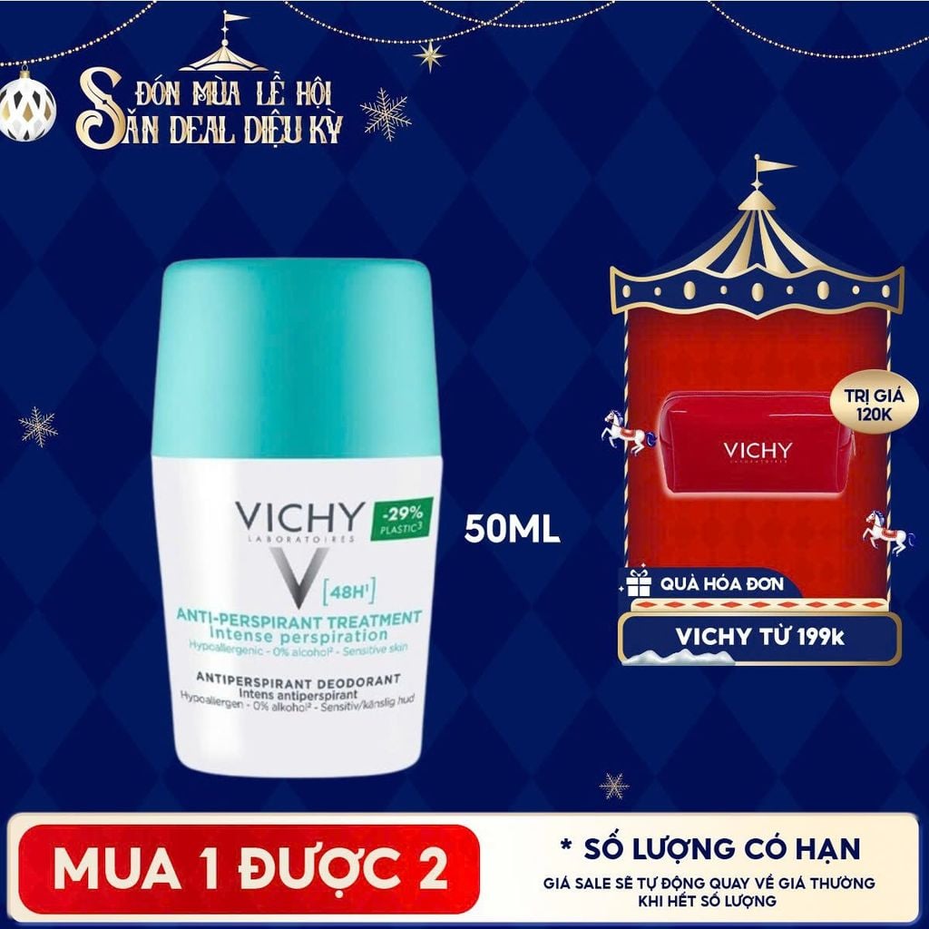 Lăn Khử Mùi Vichy Hỗ Trợ Giảm Mồ Hôi Dưới Cánh Tay, Giữ Khô Thoáng Suốt 48h Cho Da Nhạy Cảm Traitement Anti – Transpirant 48h 50ml (Che tên sản phẩm khi giao hàng)