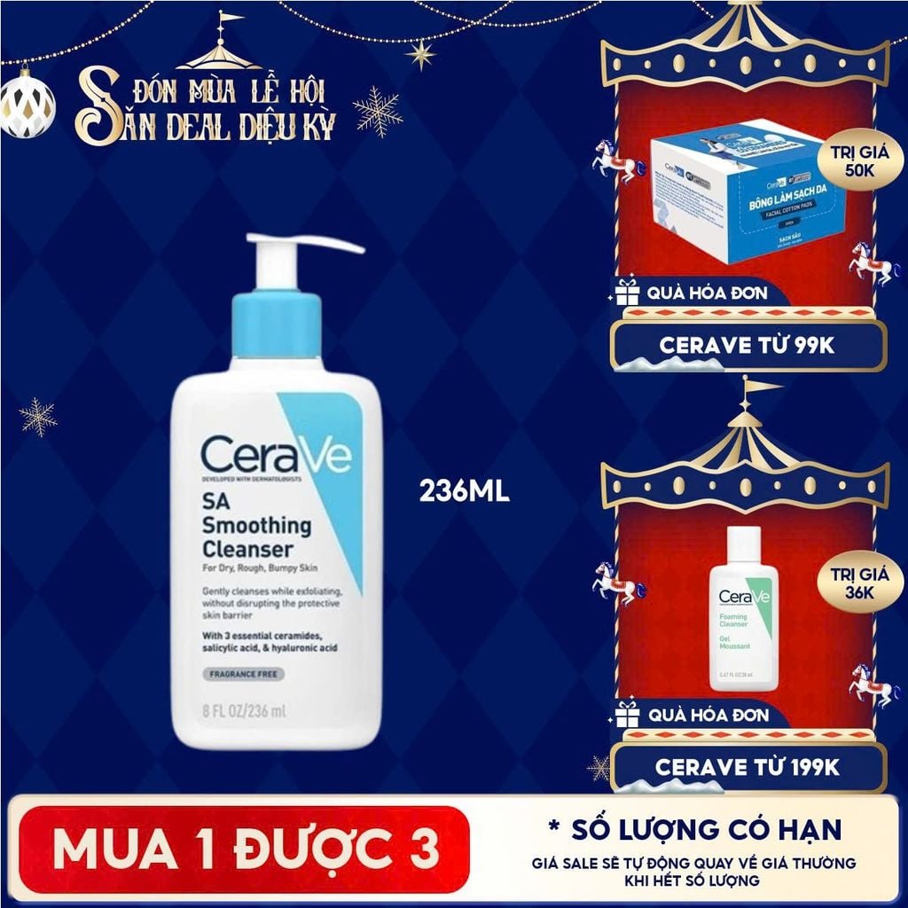 Sữa Rửa Mặt Cerave Làm Sạch Sâu Cho Da Mụn, Tẩy Da Chết Dịu Nhẹ Developed With Dermatologists SA Smoothing Cleanser 236ml