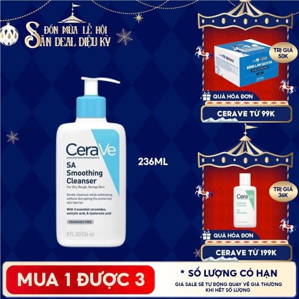  Sữa Rửa Mặt Cerave Làm Sạch Sâu Cho Da Mụn, Tẩy Da Chết Dịu Nhẹ Developed With Dermatologists SA Smoothing Cleanser 236ml 