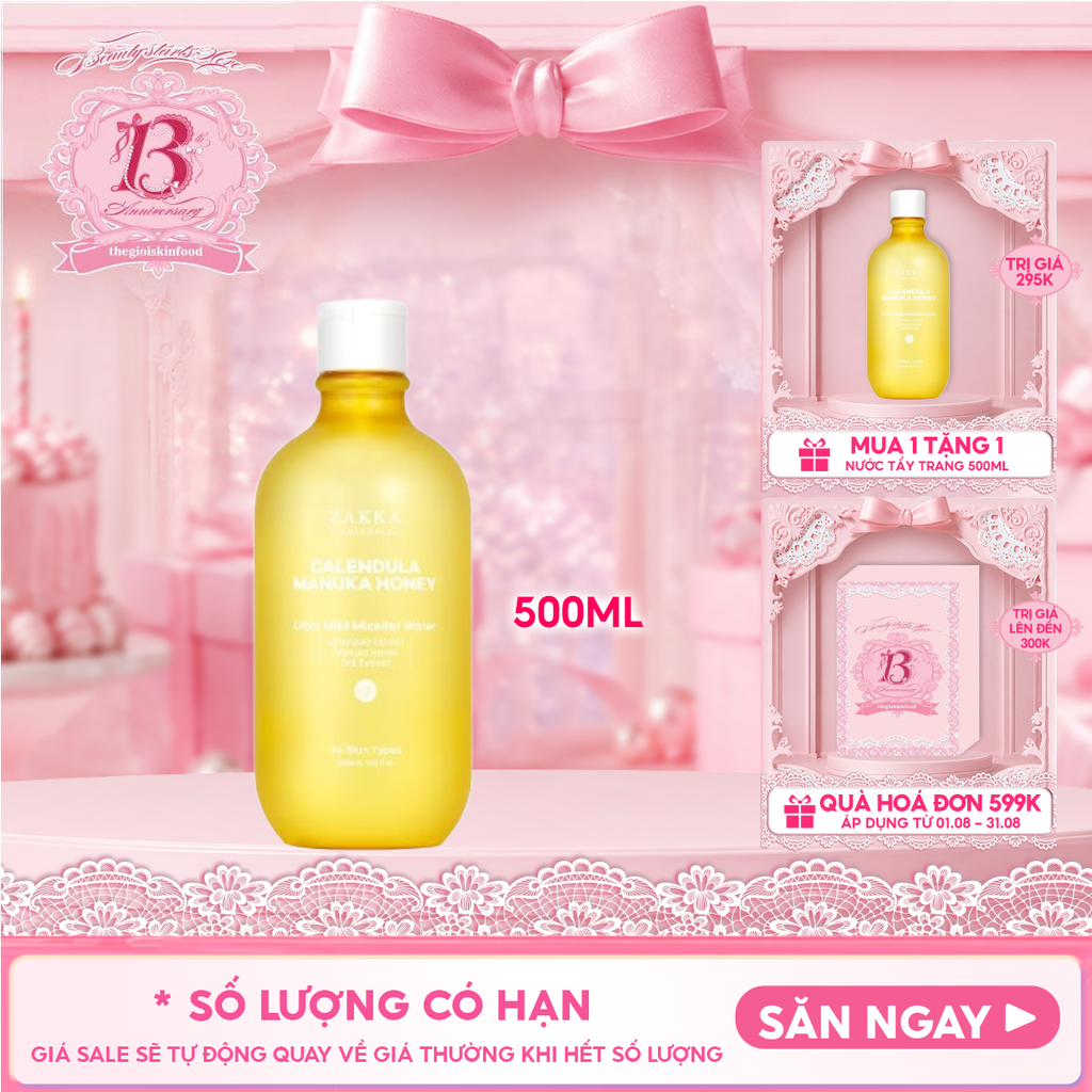 Nước Tẩy Trang Zakka Naturals Hoa Cúc Dịu Nhẹ Dành Cho Da Nhạy Cảm Calendula & Manuka Honey Ultra Mild Micellar Water 500ml