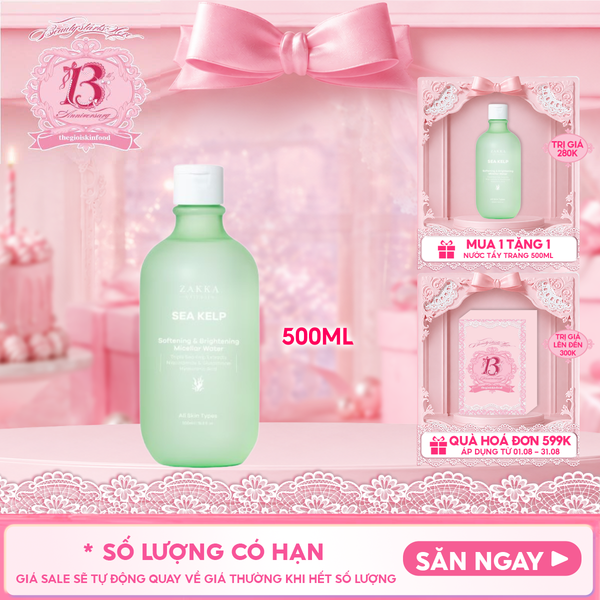  Nước Tẩy Trang Zakka Naturals Tảo Biển, Làm Sạch Dưỡng Ẩm Da  Sea Kelp Softening & Brightening Micellar Water 500ml 