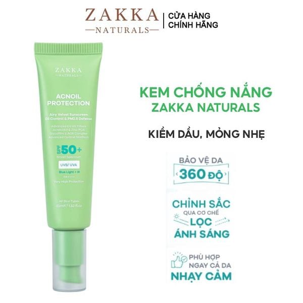  Kem Chống Nắng Zakka Naturals Phổ Rộng Kiềm Dầu Acnoil Protection Airy Velvet Sunscreen Oil Control & PM2.5 Defense 45ml 
