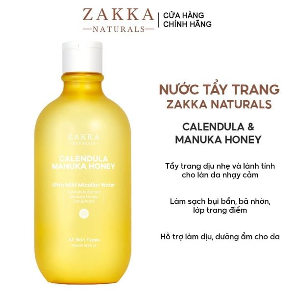  Nước Tẩy Trang Zakka Naturals Hoa Cúc Dịu Nhẹ Dành Cho Da Nhạy Cảm Calendula & Manuka Honey Ultra Mild Micellar Water 500ml 
