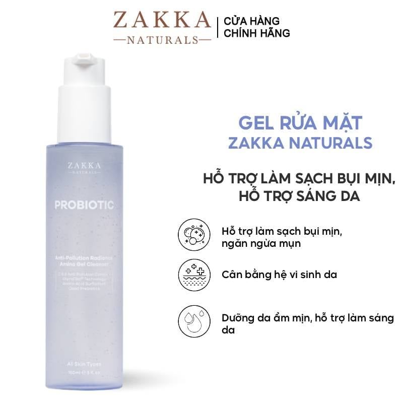 Gel Rửa Mặt Zakka Naturals Làm Sạch Bụi Mịn, Hỗ Trợ Sáng Da Probiotic Anti-Pollution Radiance Amino Gel Cleanser 150ml