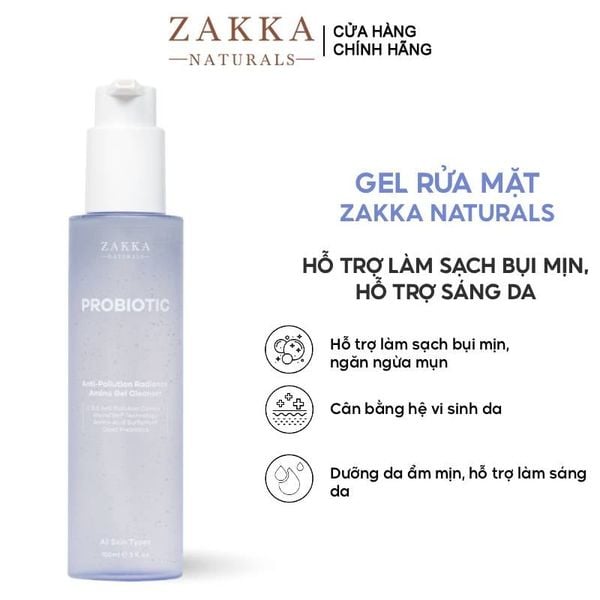  Gel Rửa Mặt Zakka Naturals Làm Sạch Bụi Mịn, Hỗ Trợ Sáng Da Probiotic Anti-Pollution Radiance Amino Gel Cleanser 150ml 