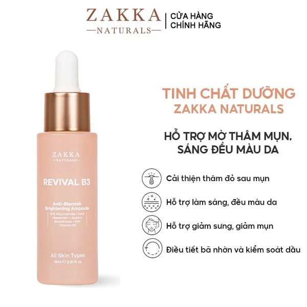  Serum Zakka Naturals Hỗ Trợ Mờ Thâm Mụn, Sáng Đều Màu Da Revival B3 Anti-Blemish and Brightening Ampoule 15ml 
