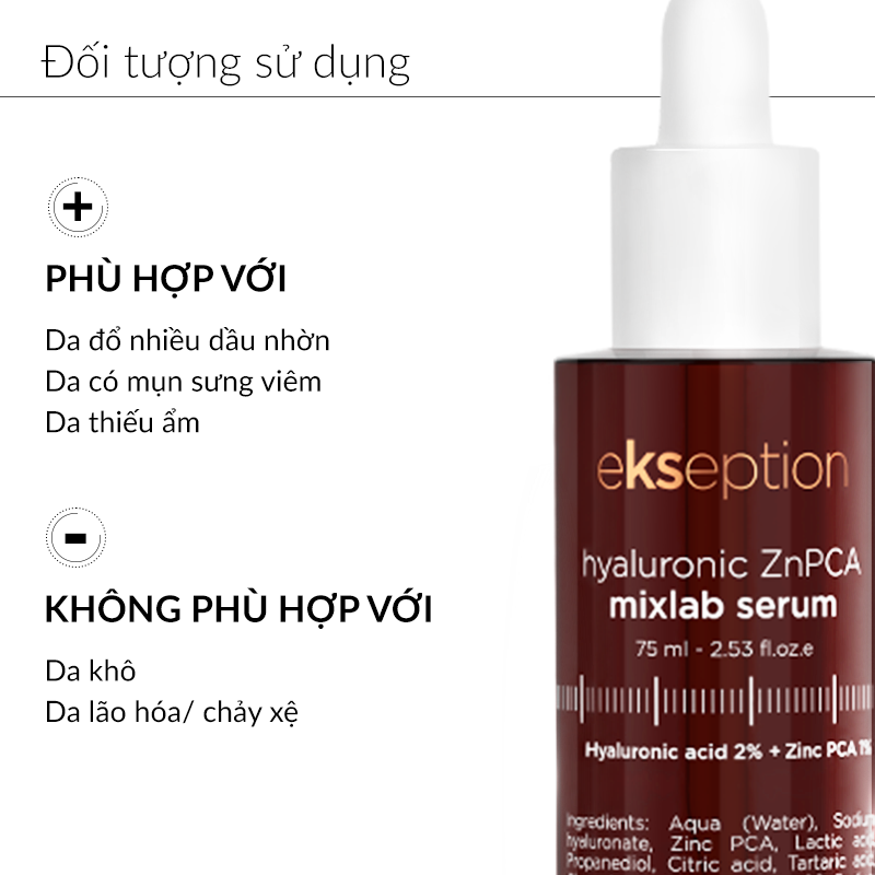 Serum Kẽm Hỗ Trợ Giảm Mụn, Kiềm Dầu Ekseption Hyaluronic Znpca Mixlab Serum 75ml