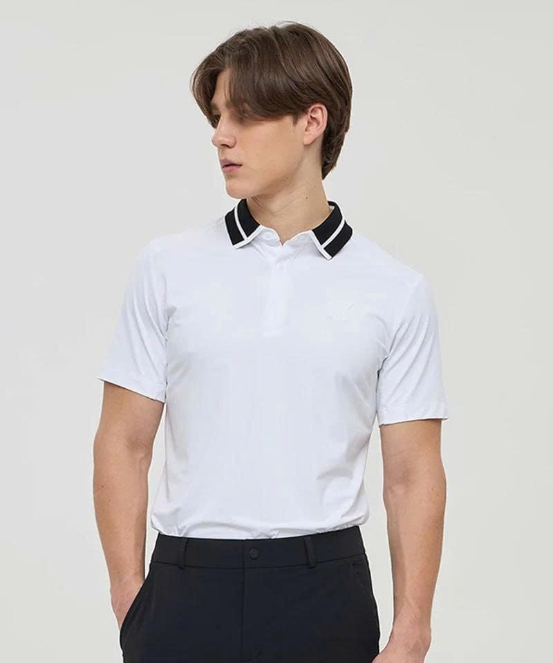 Áo golf nam tay ngắn Mesh Block Knit Collar Shot T-Shirt - White AGEMM