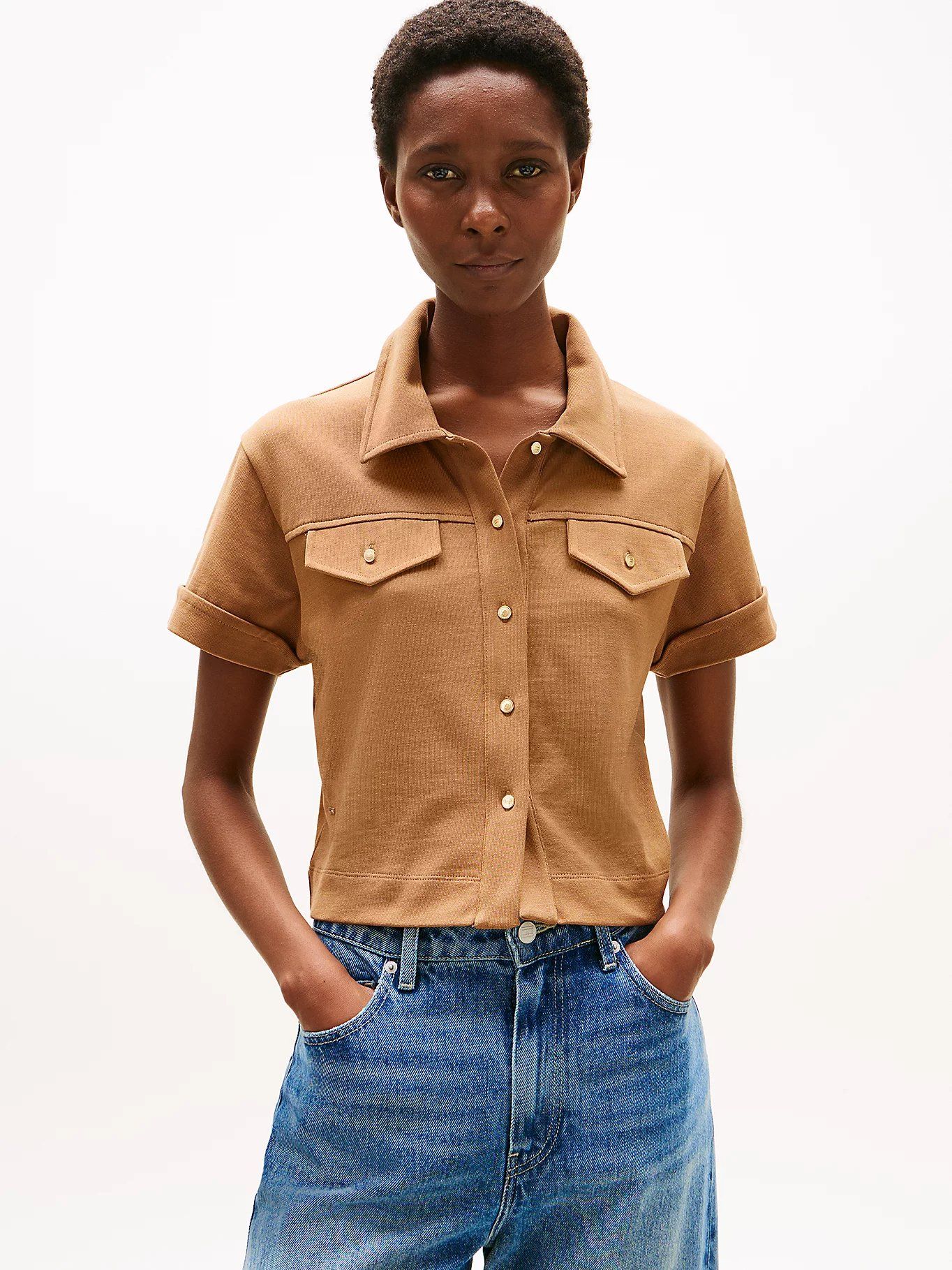 Tommy Hilfiger - Áo sơ mi tay ngắn nữ Regular Fit Gold-Tone Button Shirt