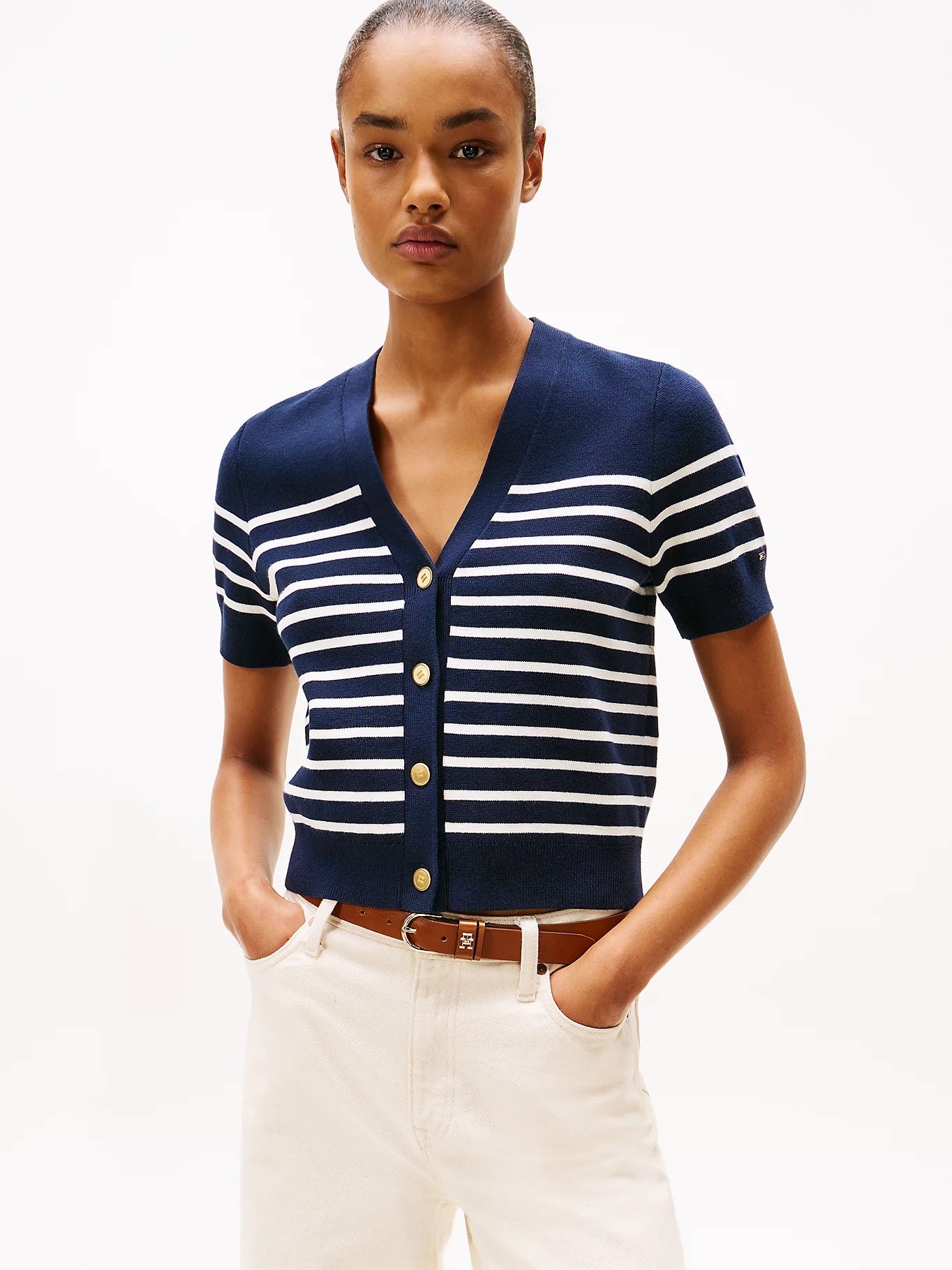 Tommy Hilfiger - Áo khoác len tay ngắn nữ Jersey Gold-Tone Button Short Sleeve Cardigan