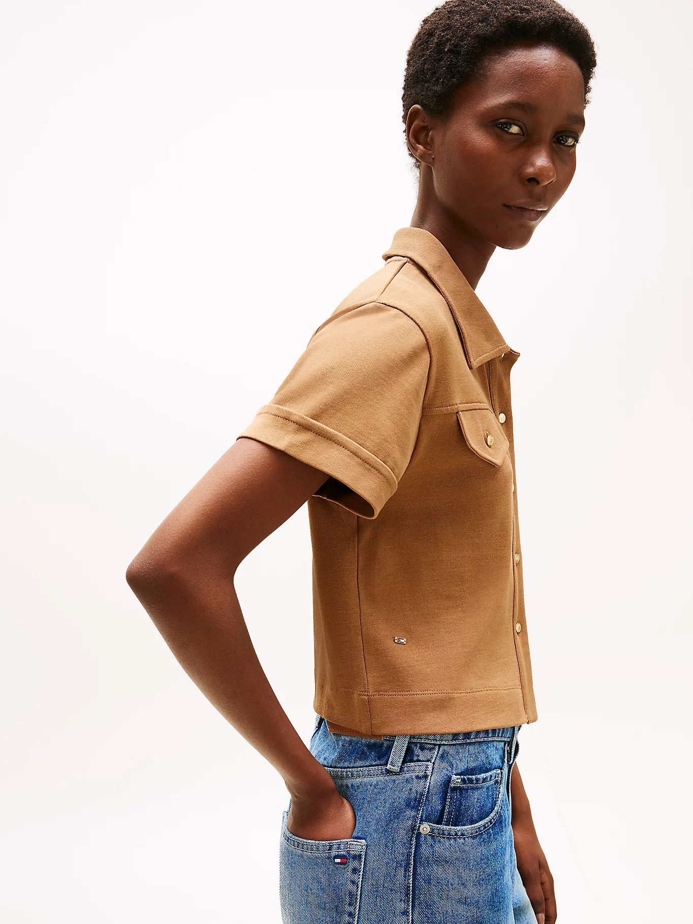 Tommy Hilfiger - Áo sơ mi tay ngắn nữ Regular Fit Gold-Tone Button Shirt