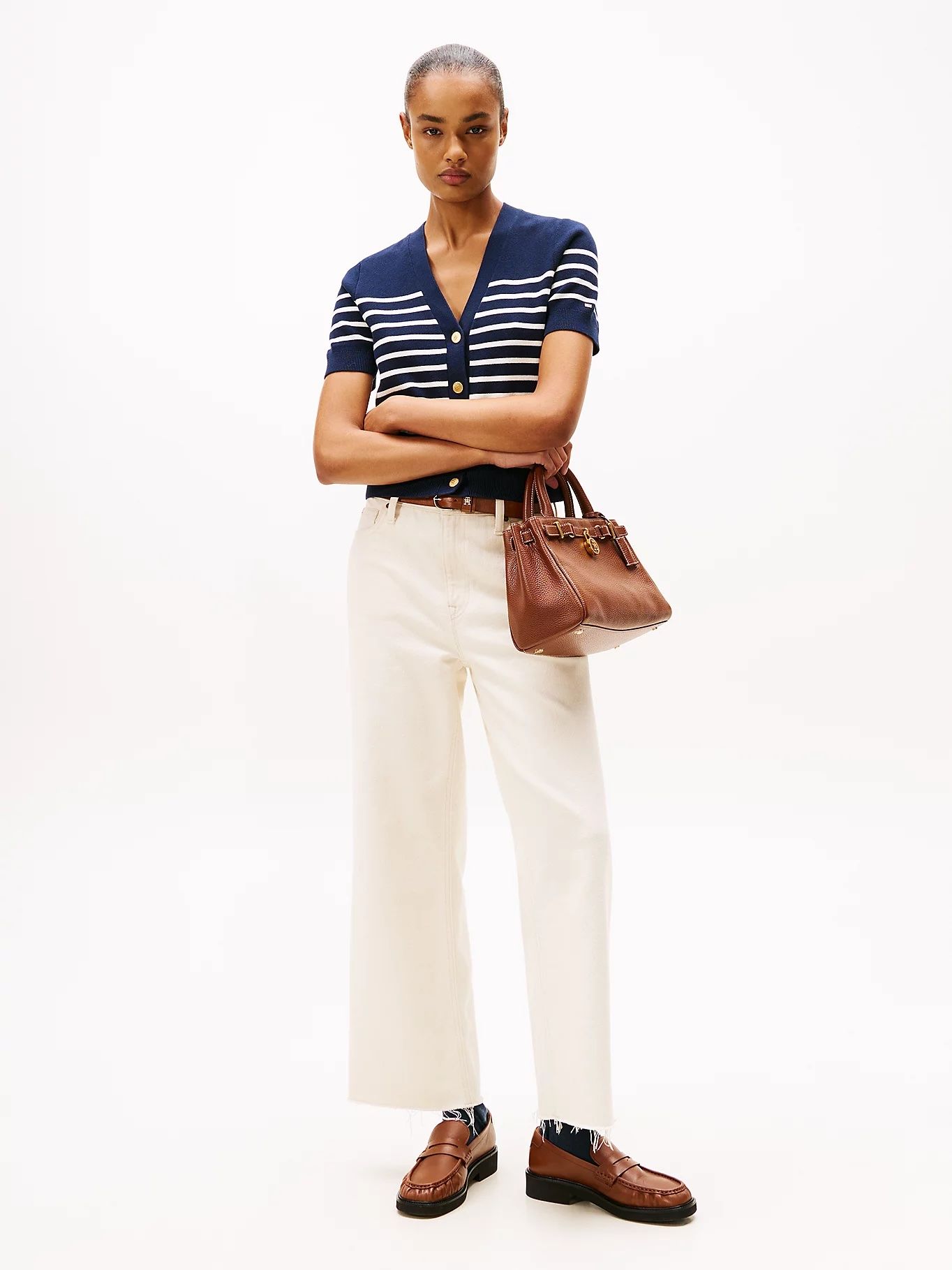 Tommy Hilfiger - Áo khoác len tay ngắn nữ Jersey Gold-Tone Button Short Sleeve Cardigan