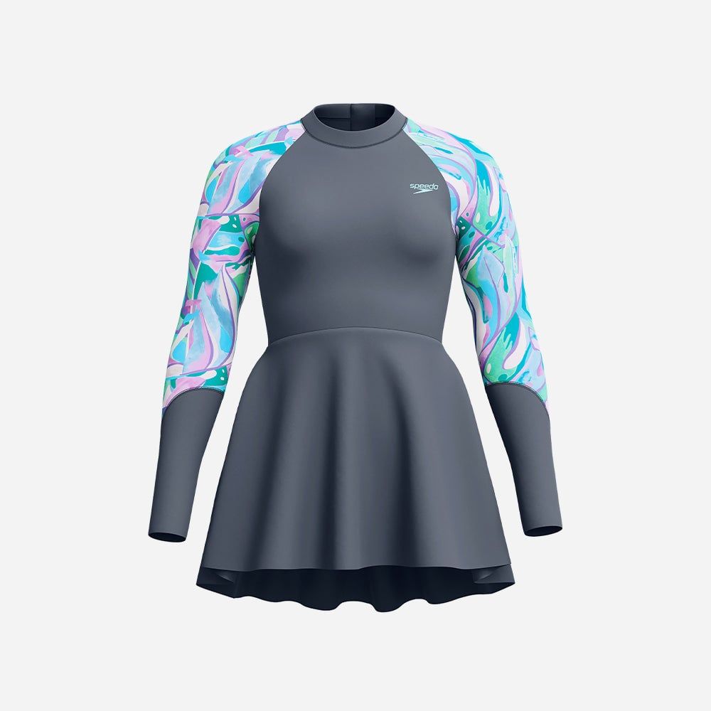 Speedo - Váy bơi nữ Printed Long Sleeve (Asia Fit) Grey Swim Dress
