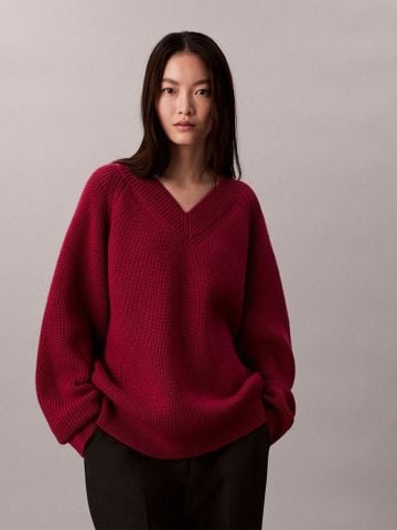 Calvin Klein - Áo len nam nữ Merino Wool Blend Relaxed V-Neck Sweater