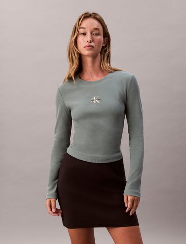 Calvin Klein - Áo thun dệt kim nữ Monogram Logo Long Sleeve Baby Tee