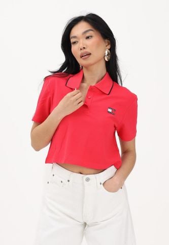 Tommy Hilfiger - Áo Polo Nữ Women's Strawberry Red Cropped Short Sleeve Polo Shirt