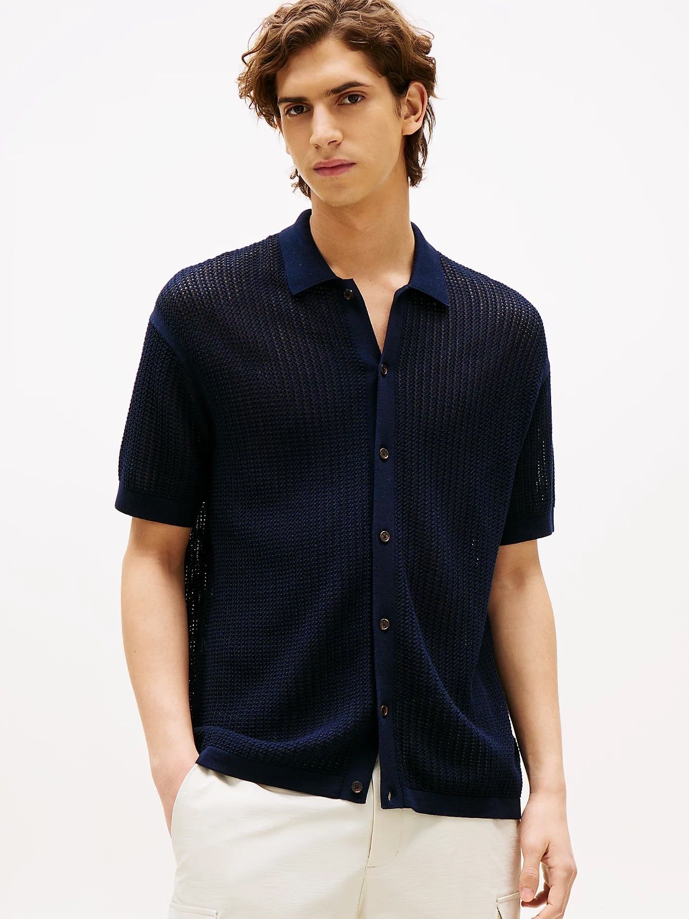 Tommy Hilfiger - Áo sơ mi dệt kim tay ngắn nam Relaxed Fit Open Knit Short Sleeve Shirt