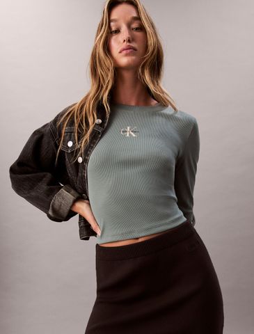 Calvin Klein - Áo thun dệt kim nữ Monogram Logo Long Sleeve Baby Tee