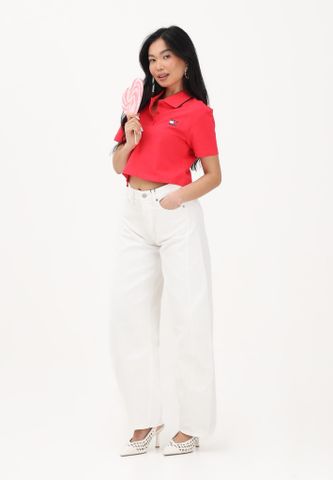 Tommy Hilfiger - Áo Polo Nữ Women's Strawberry Red Cropped Short Sleeve Polo Shirt