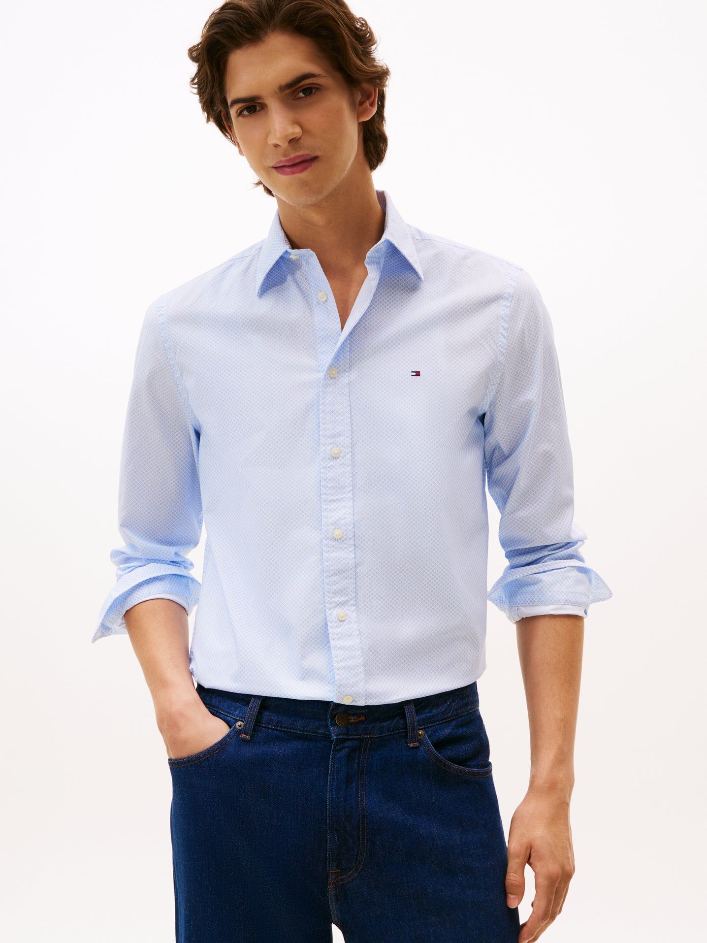 Tommy Hilfiger - Áo sơ mi tay dài nam Poplin Regular Fit Micro Print Shirt in Blue Spell