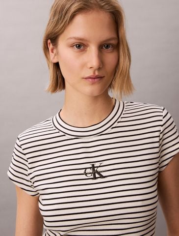 Calvin Klein - Áo Thun Tay Ngắn Nữ Striped Monologo Baby Rib Tee